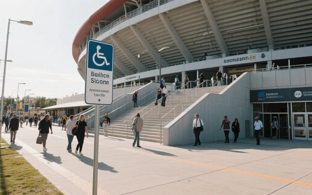 世界杯主办城市街景：无障碍坡道、清晰标识、低地板公交停靠在无障碍站台