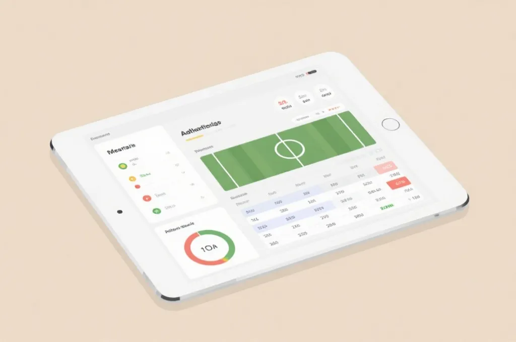 Generic tablet resting on a desk showing a clean sports analytics dashboard with calendar integration and match schedule visualizations